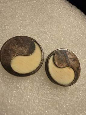 Vintage Yin Yang Stud Earrings, Bone Inlay & Sterling Silver, Large Statement Ci